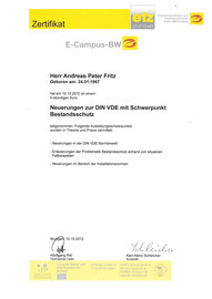 Kurs Neuerungen zur DIN VDE mit Schwerpunkt Bestandsschutz, Andreas Fritz